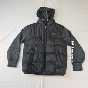 Hurley Puffer Vest Jacket Boy's Small 8-10 Years  Black Grey Full Zip Hooded